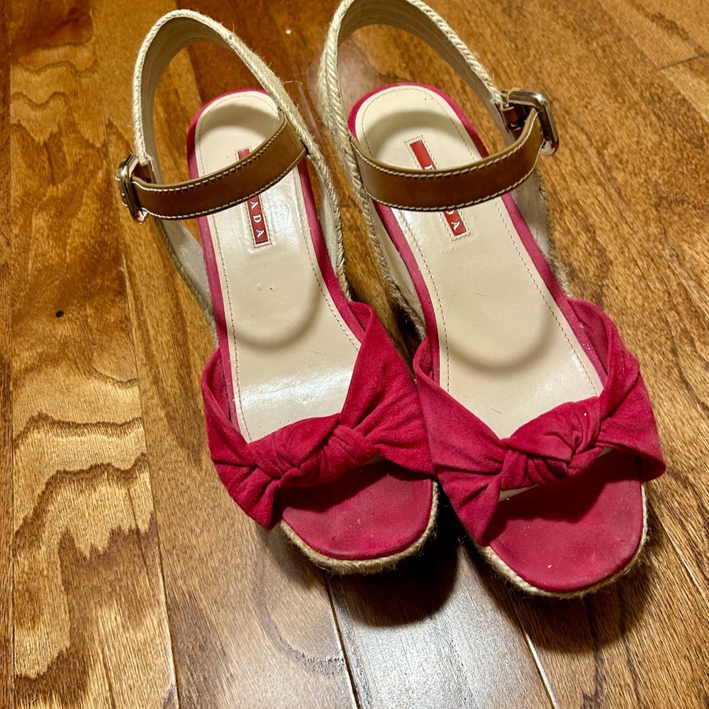 PRADA Raspberry Suede Cork Heel Wedges
